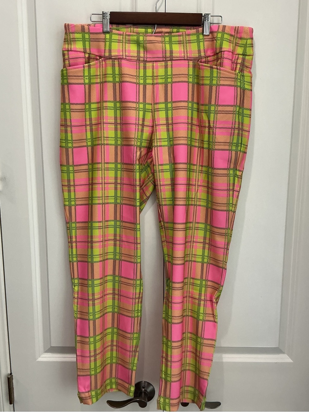 Plaid Ankle-Length Stretch Pants in Pink and Lime